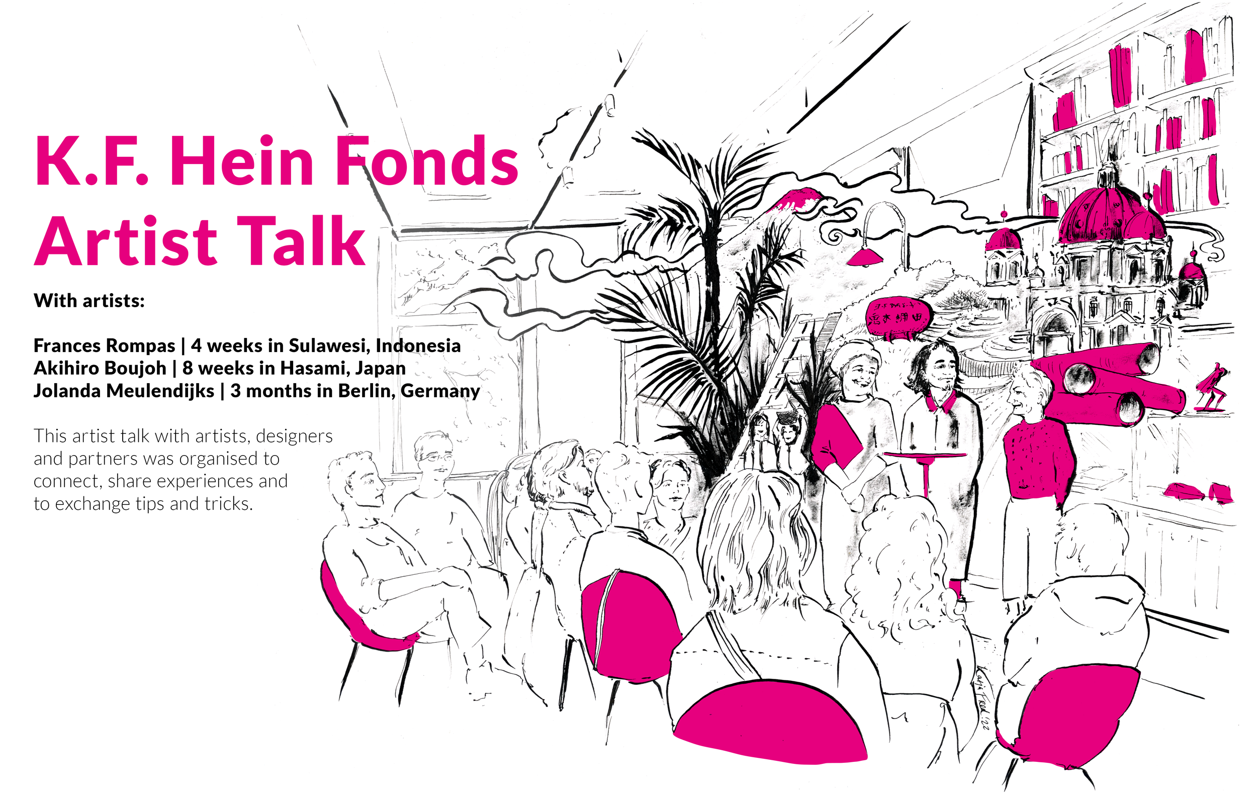 Illustration of the K.F. Hein Fonds library filled with people listening to three artists. Text on image: K.F. Hein Fonds Artist Talk with artists Frances Rompas, Akihiro Boujoh, Jolanda Meulendijks.